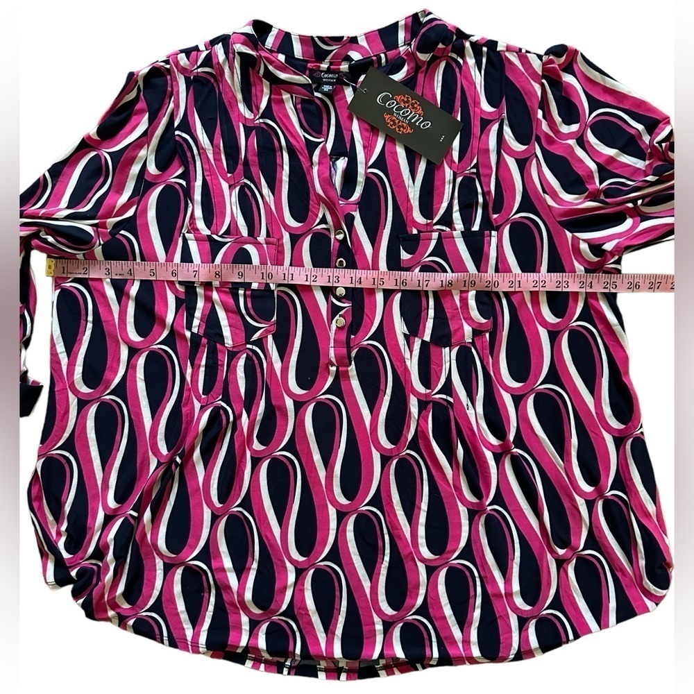 COCOMO 3X Navy Blue Pink Plus Size 3/4 sleeve women's Pintuck Blouse top s… - Picture 8 of 11